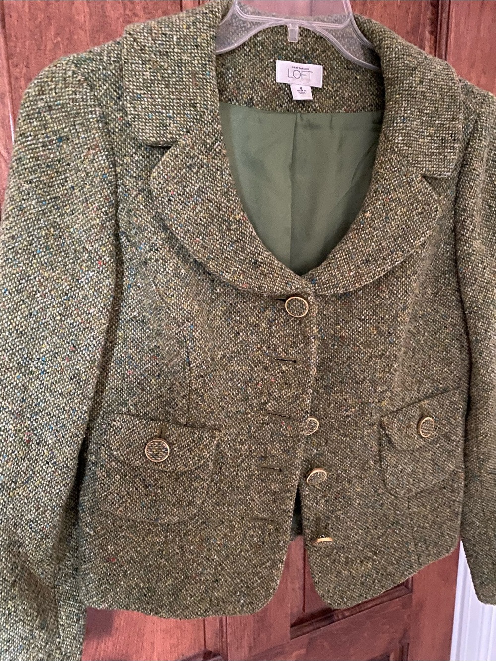 Ann Taylor LOFT Green Tweed Button-Front Blazer
